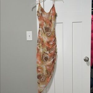 Windsor Asymmetrical Floral Dress in Orange and Cream